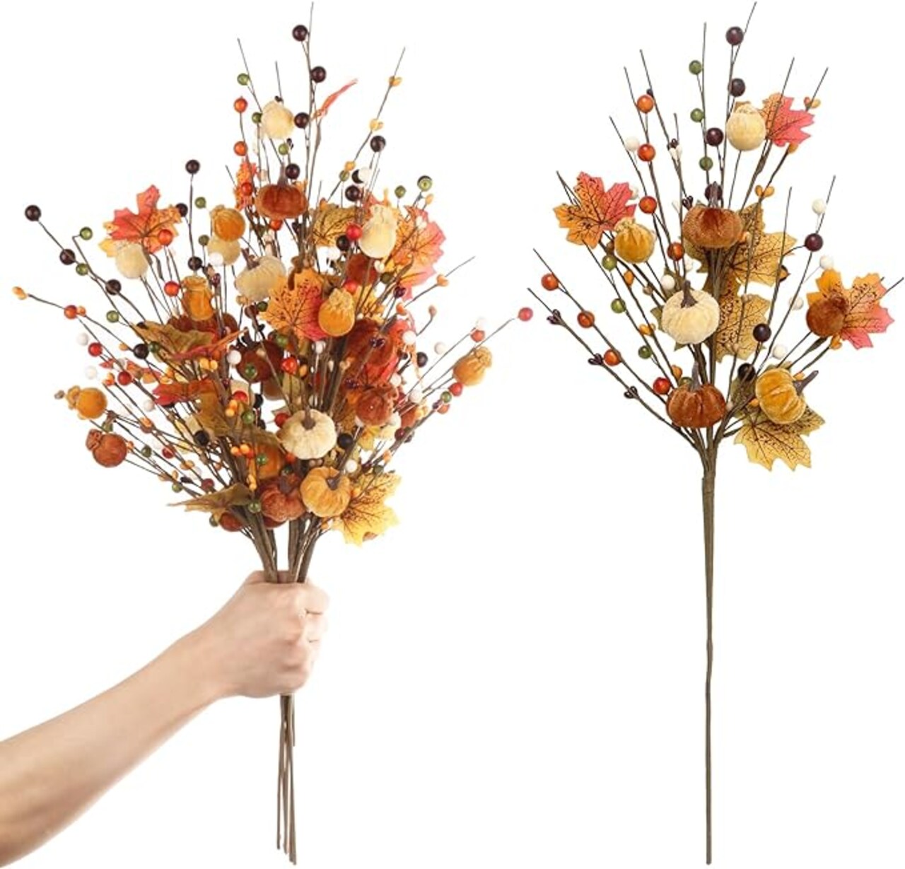 4PCS Fall Decor, 19.5 inch Artificial White Berry/Maple Leaf/Pumpkin Floral Stems Fall Branches Decorations, for Autumn Weeding, Birthday, Holiday, Harvest, Home Vase Arrangement, Indoor Decor.